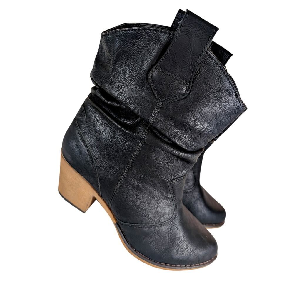 NWT! CHARLES ALBERT! BLACK VEGAN LEATHER SCRUNCHY ANKLE, CHUNKY HEEL BOOTS! 8M